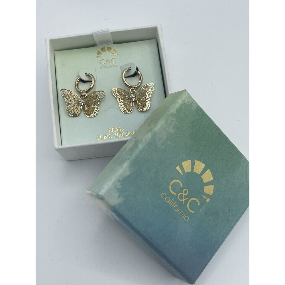 C & C California Gold Tone CZ 3D Dangle Butterfly Earrings New